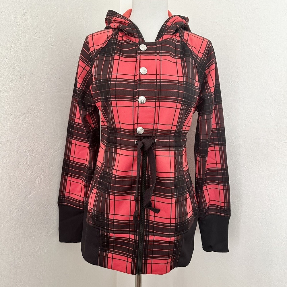Burton Jacket Womens Small Dry Ride Hooded Red Buffalo Plaid Fleece Lined Zip Up